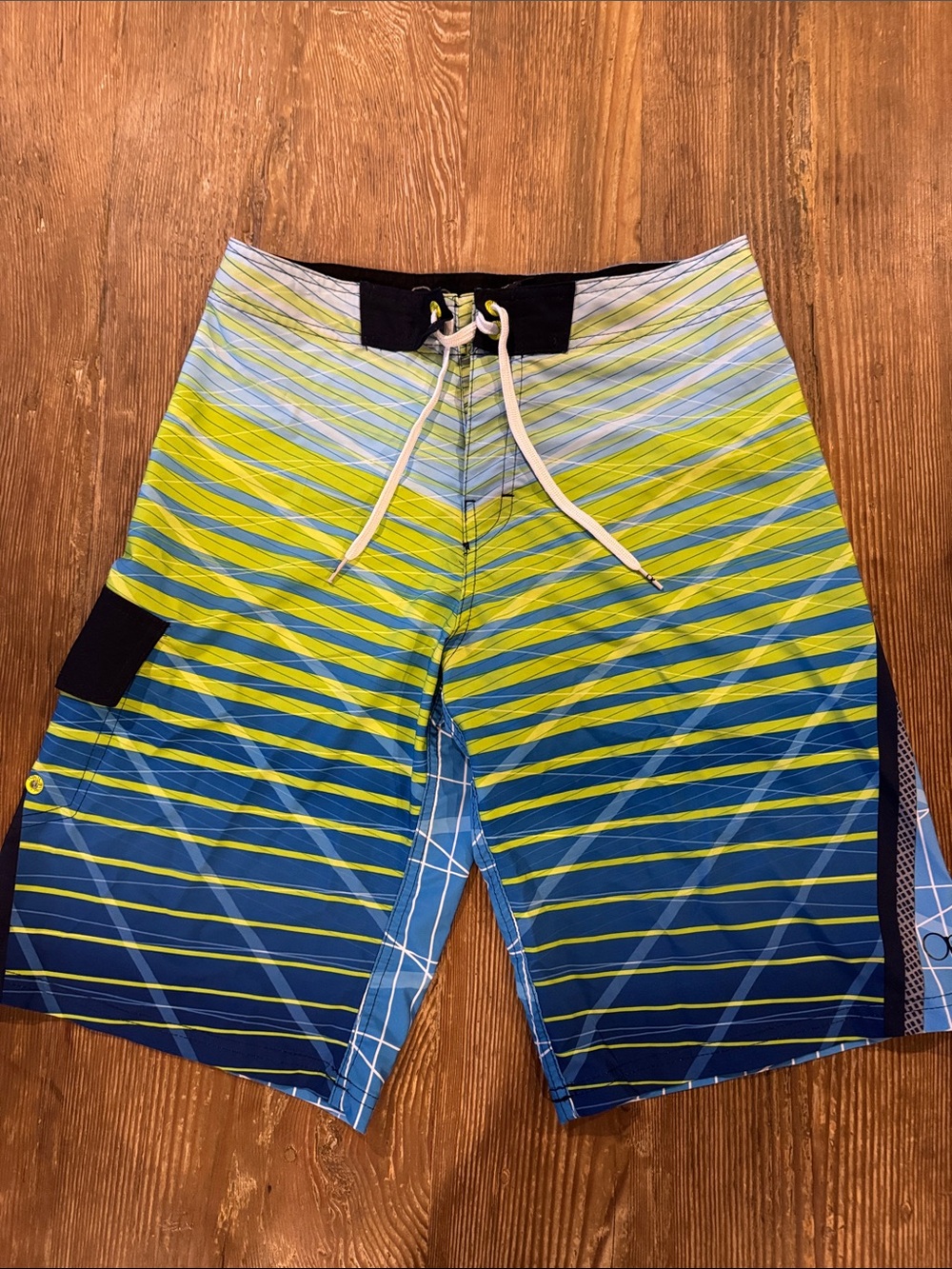 OP Men’s Blue & Lime Diagonal Stripe Board Shorts 28”